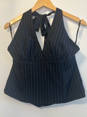 NWT Princess Polly Black Pinstripe Halter Tie-Back Camisole